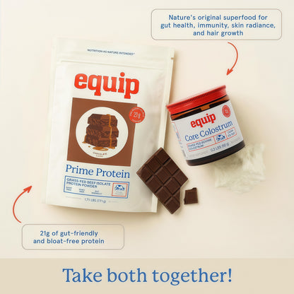 Equip Prime Chocolate Protein Powder - Gut-Friendly, No Sugar Protein Shake Powder with Grass-Fed Beef & Natural Collagen - Rich & Creamy Mix - 21g Per Serving - Whey & Dairy-Free (30 Scoops)