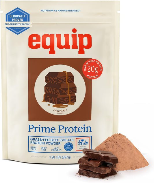 Equip Prime Chocolate Protein Powder - Gut-Friendly, No Sugar Protein Shake Powder with Grass-Fed Beef & Natural Collagen - Rich & Creamy Mix - 21g Per Serving - Whey & Dairy-Free (30 Scoops)